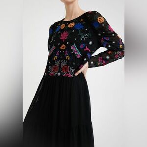DESIGUAL Embroidered MIDI Black Tulle Dress Sz Large